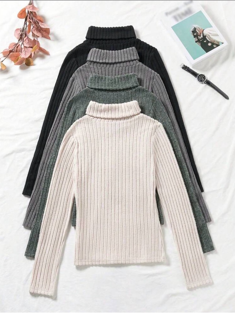 SHEIN Essnce 4pcs Solid Turtleneck Ribbed Knit Tee - Cream, Green, Gray, Black